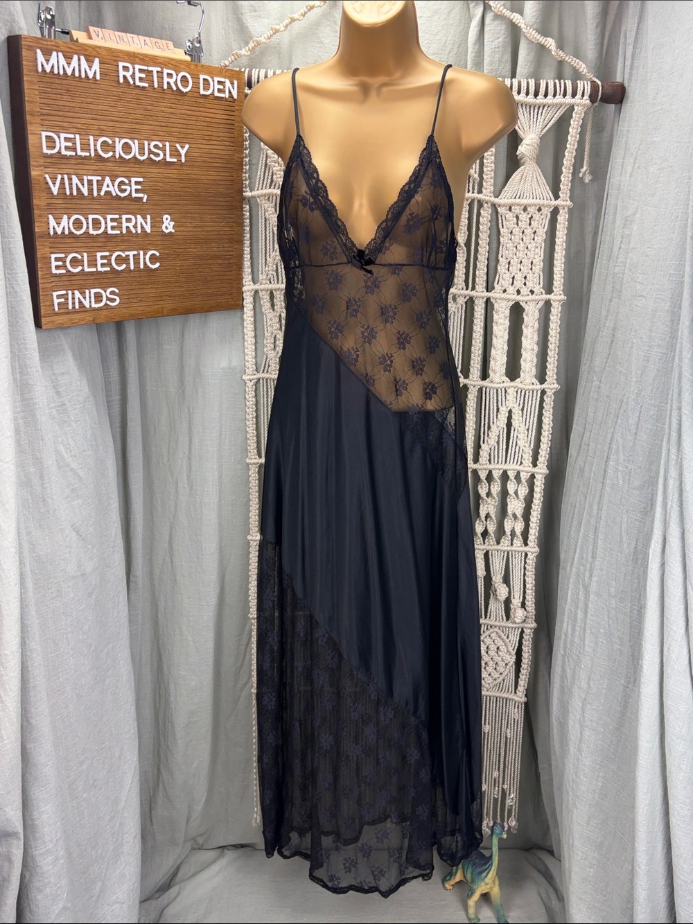 Vintage Rare Love’s Delight by Randi Sheer Lace Panel Black Slip Nightie | S